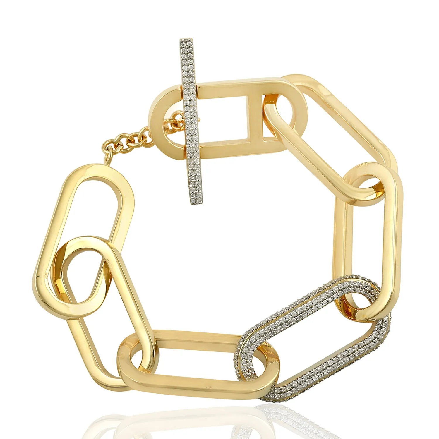 18K Yellow Gold Pave Diamond Link Chain Fixed And Flexible Bracelet