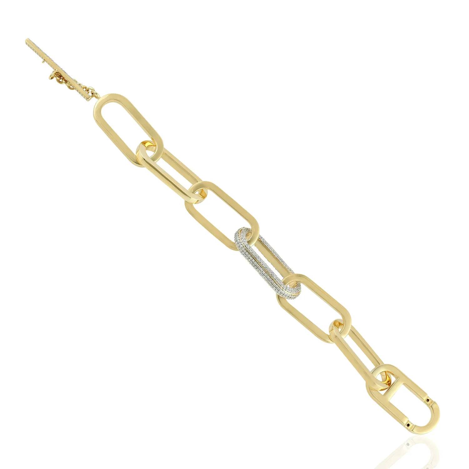 18K Yellow Gold Pave Diamond Link Chain Fixed And Flexible Bracelet