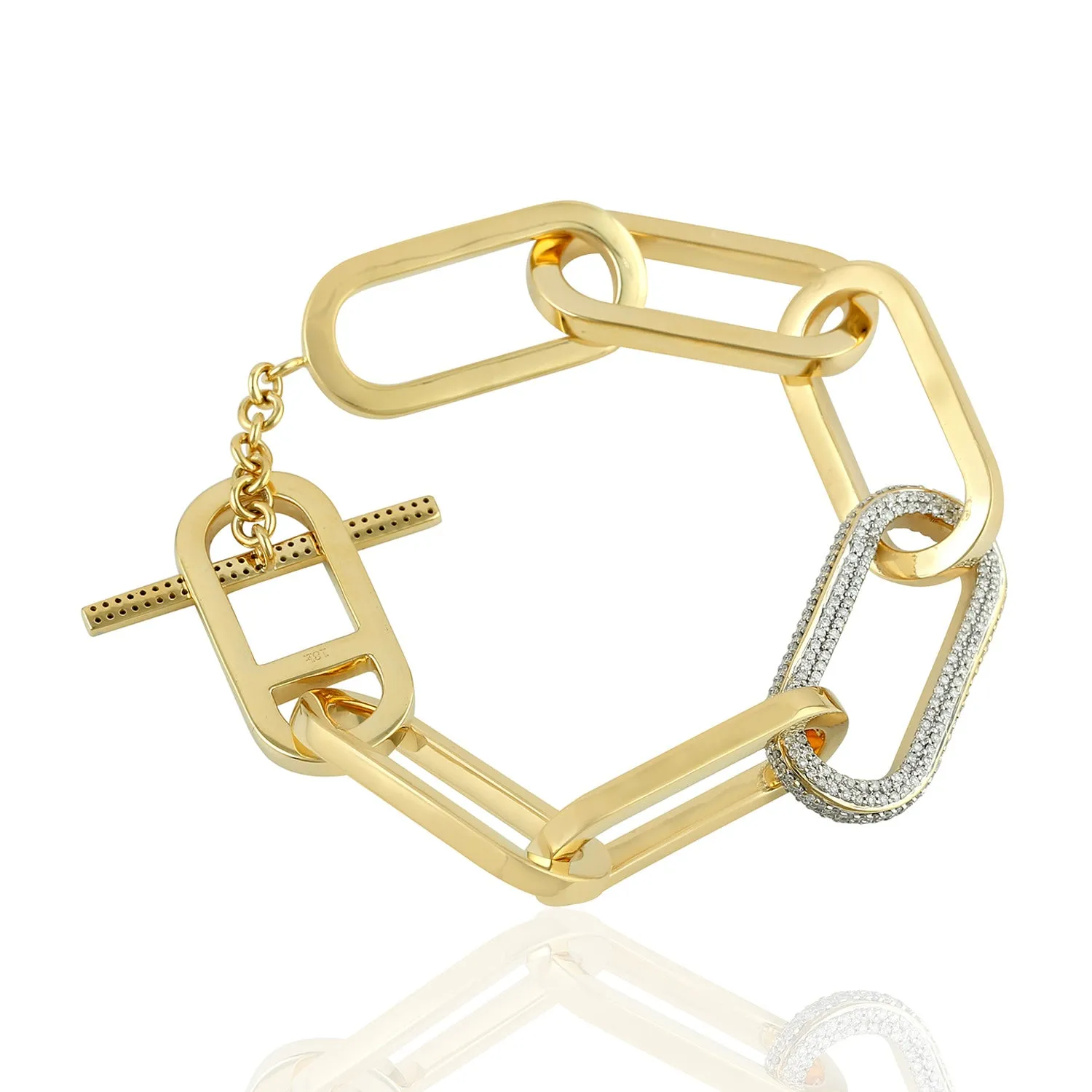 18K Yellow Gold Pave Diamond Link Chain Fixed And Flexible Bracelet