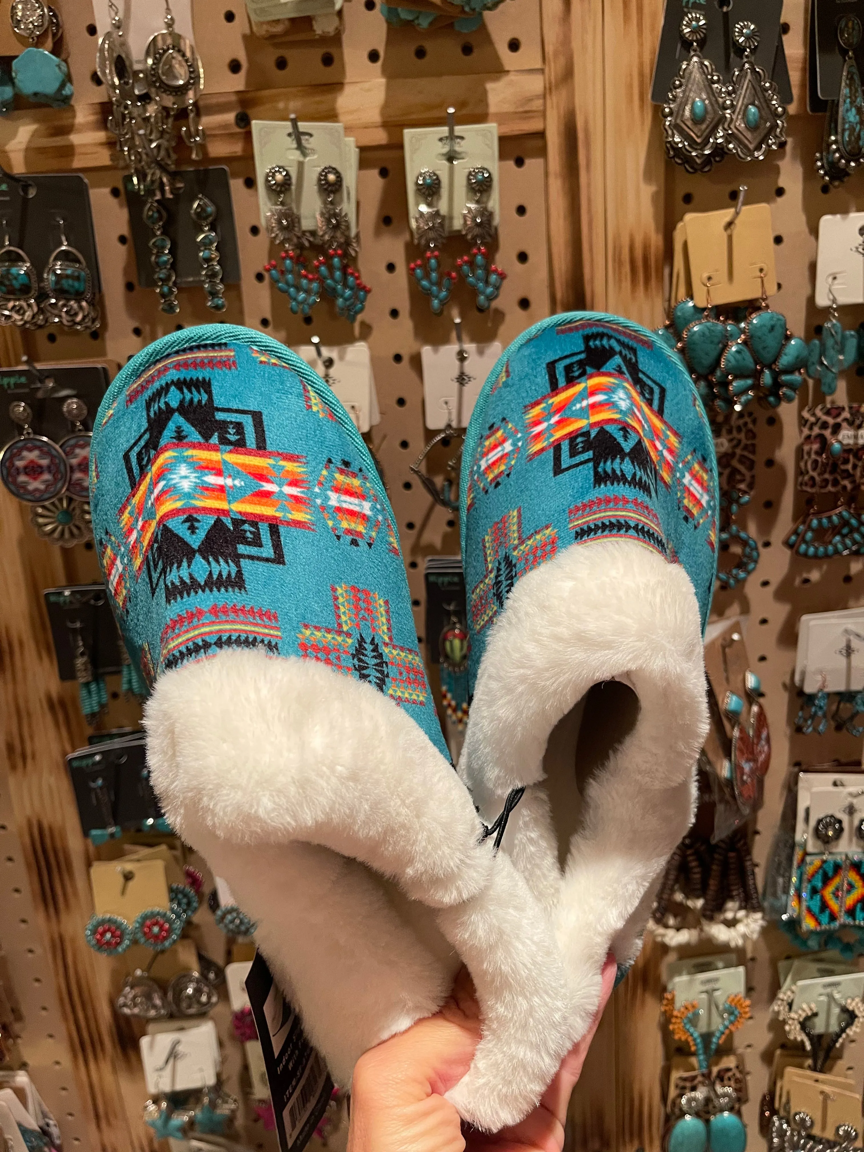 Adult aztec slippers in turquoise  WITH HEEL