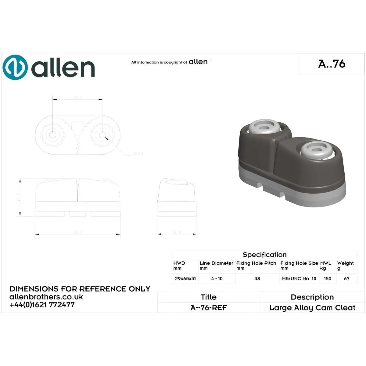 Allen Medium Aluminium Ball Bearing Cam Cleat