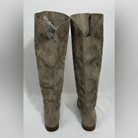 Bata Lace Cut Out Suede Leather Boots Women's Size 36 (5.5-6) Beige Tall Riding