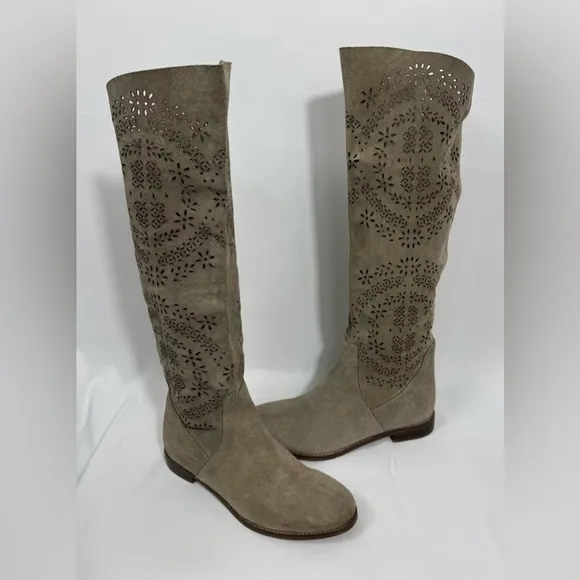 Bata Lace Cut Out Suede Leather Boots Women's Size 36 (5.5-6) Beige Tall Riding
