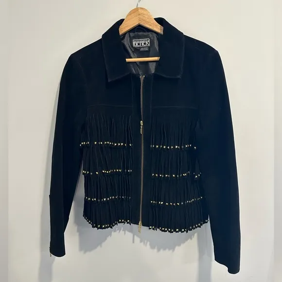 Berek Jacket Black Leather/Suede Studded Fringe  Sz PL