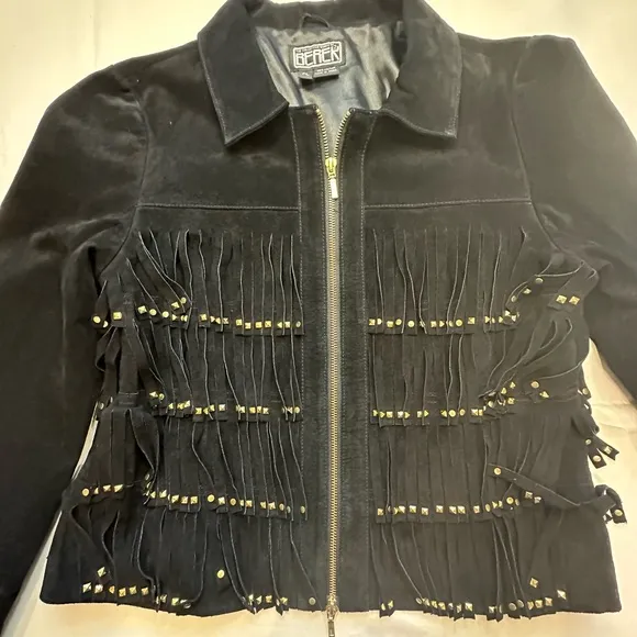 Berek Jacket Black Leather/Suede Studded Fringe  Sz PL