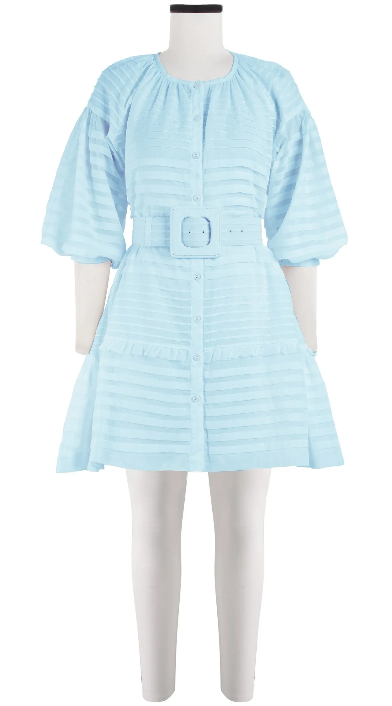 Birdy Dress #5 Crew Neck Shirt 3/4 Puff Sleeve with Hamilton Belt Mini Length Cotton Musola (Solid)