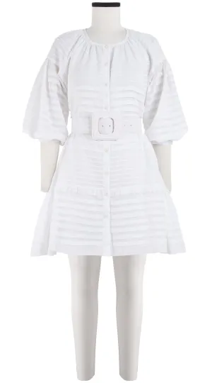 Birdy Dress #5 Crew Neck Shirt 3/4 Puff Sleeve with Hamilton Belt Mini Length Cotton Musola (Solid)