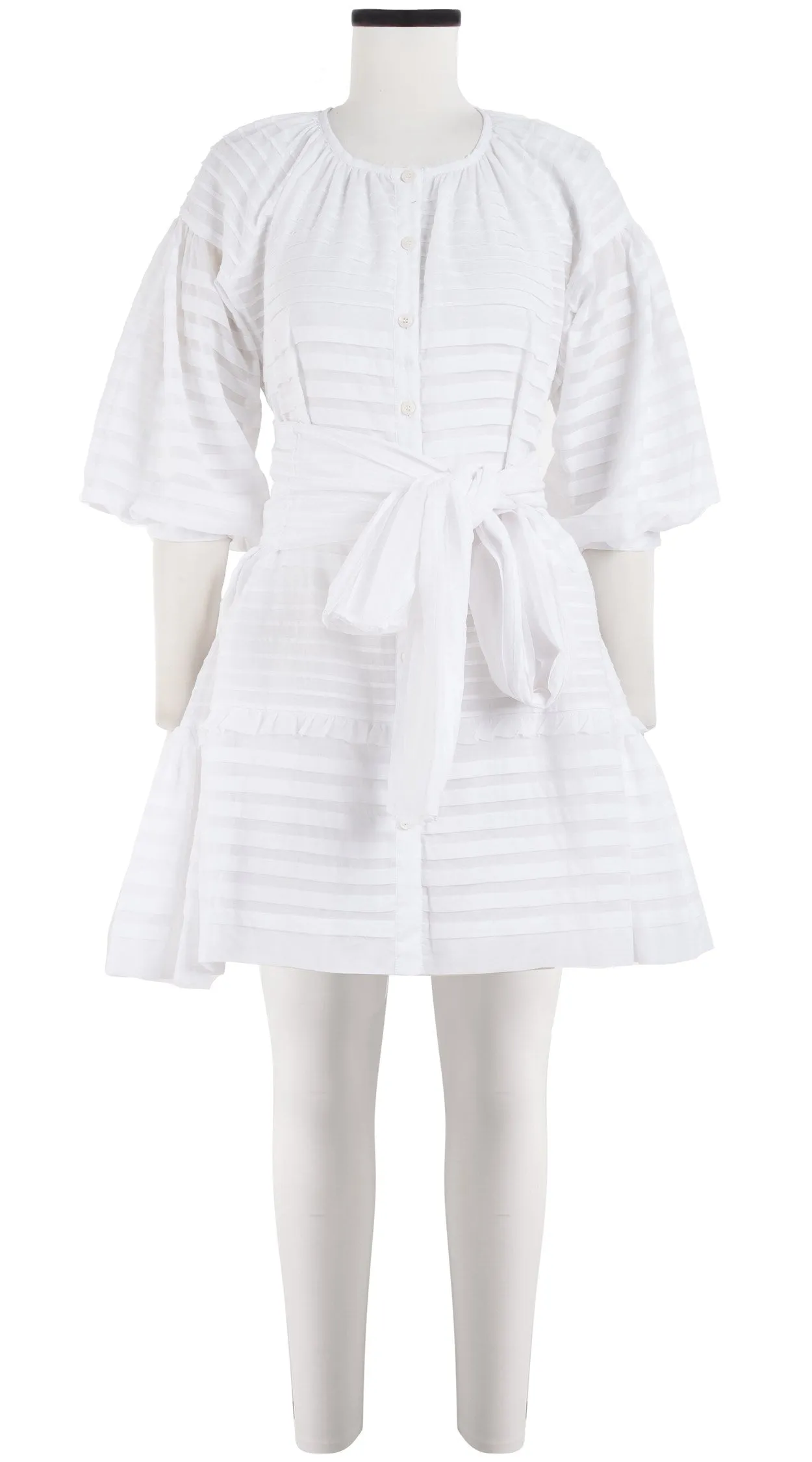 Birdy Dress #5 Crew Neck Shirt 3/4 Puff Sleeve with Hamilton Belt Mini Length Cotton Musola (Solid)