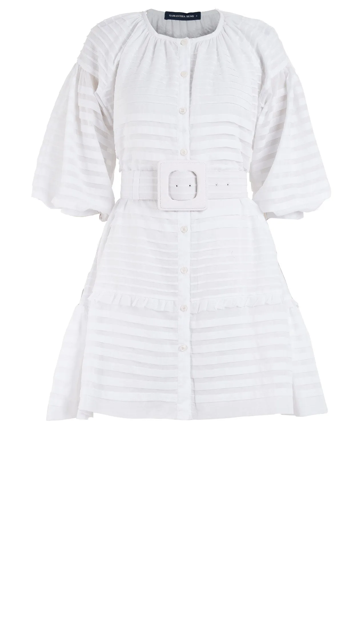 Birdy Dress #5 Crew Neck Shirt 3/4 Puff Sleeve with Hamilton Belt Mini Length Cotton Musola (Solid)