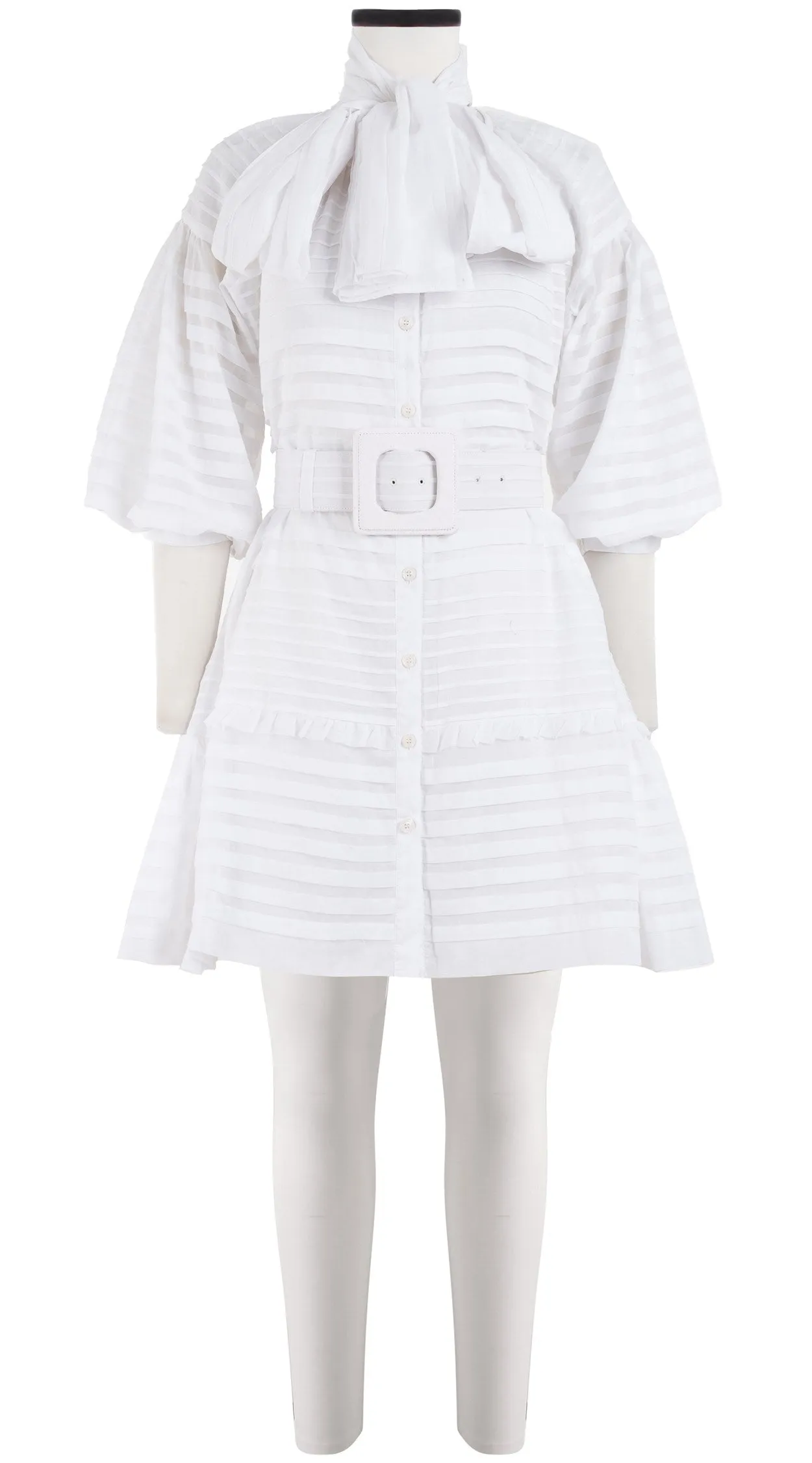 Birdy Dress #5 Crew Neck Shirt 3/4 Puff Sleeve with Hamilton Belt Mini Length Cotton Musola (Solid)