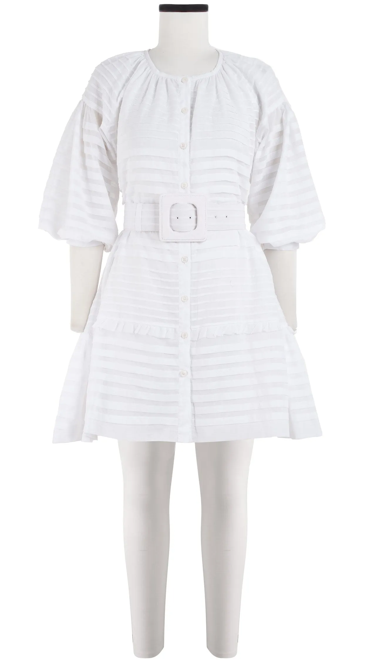 Birdy Dress #5 Crew Neck Shirt 3/4 Puff Sleeve with Hamilton Belt Mini Length Cotton Musola (Solid)