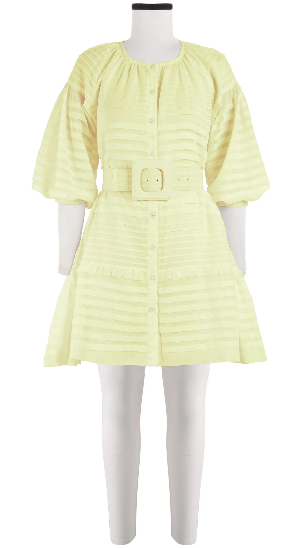 Birdy Dress #5 Crew Neck Shirt 3/4 Puff Sleeve with Hamilton Belt Mini Length Cotton Musola (Solid)