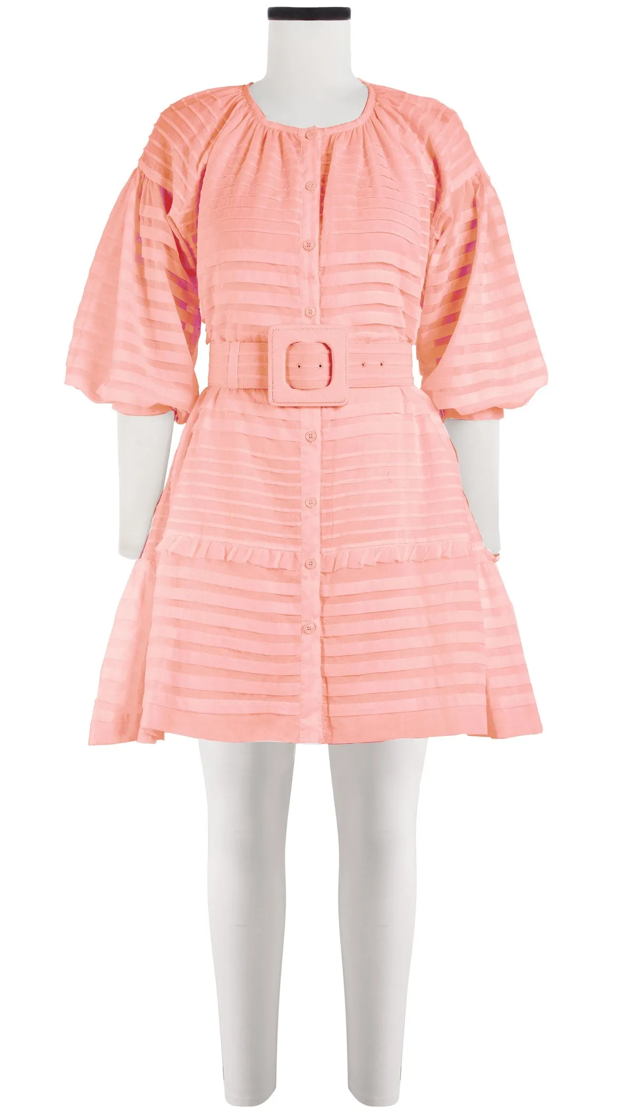 Birdy Dress #5 Crew Neck Shirt 3/4 Puff Sleeve with Hamilton Belt Mini Length Cotton Musola (Solid)