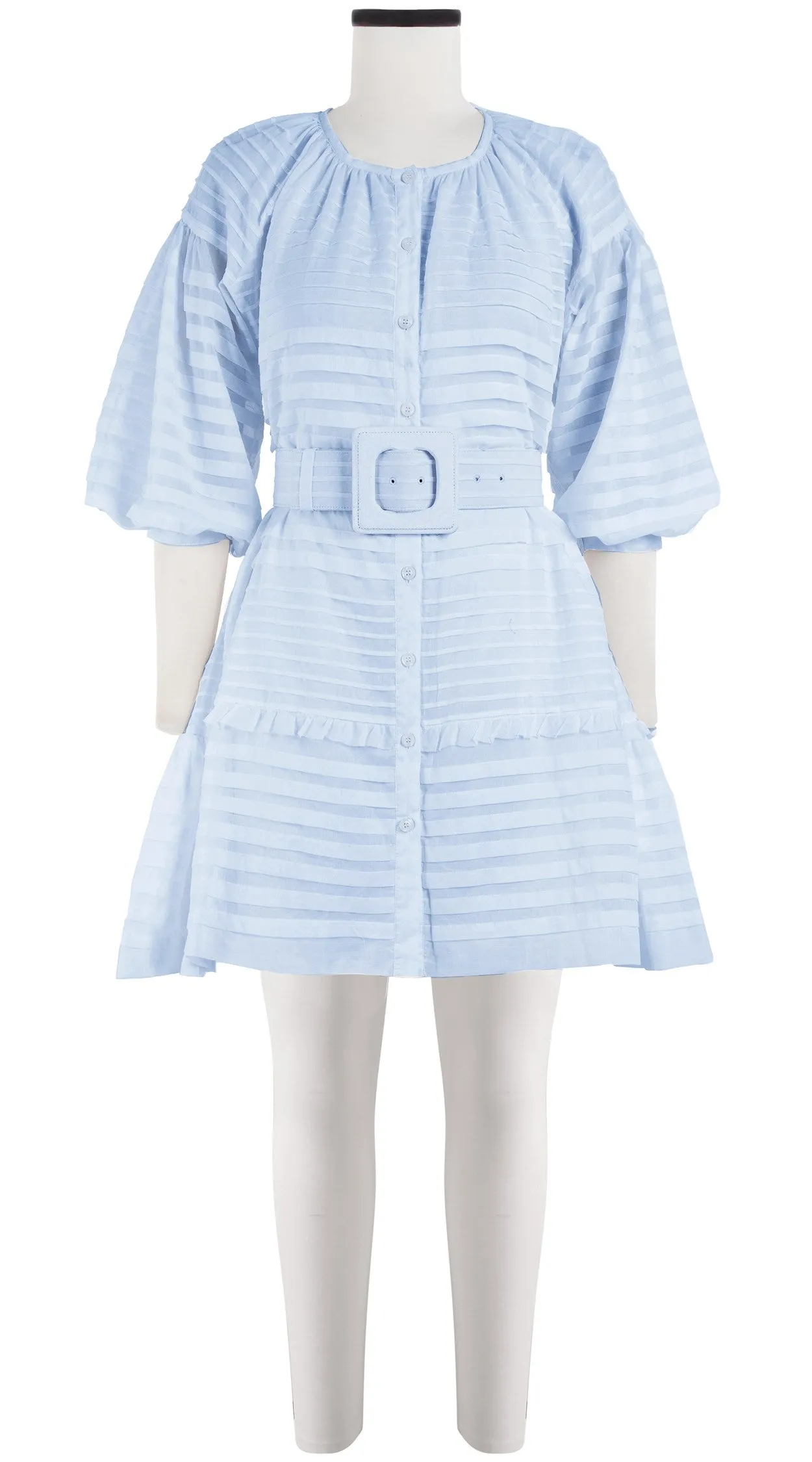Birdy Dress #5 Crew Neck Shirt 3/4 Puff Sleeve with Hamilton Belt Mini Length Cotton Musola (Solid)
