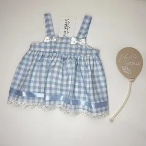Blue Gingham Bow Front Lined Dress With Matching Bloomers - Cassie