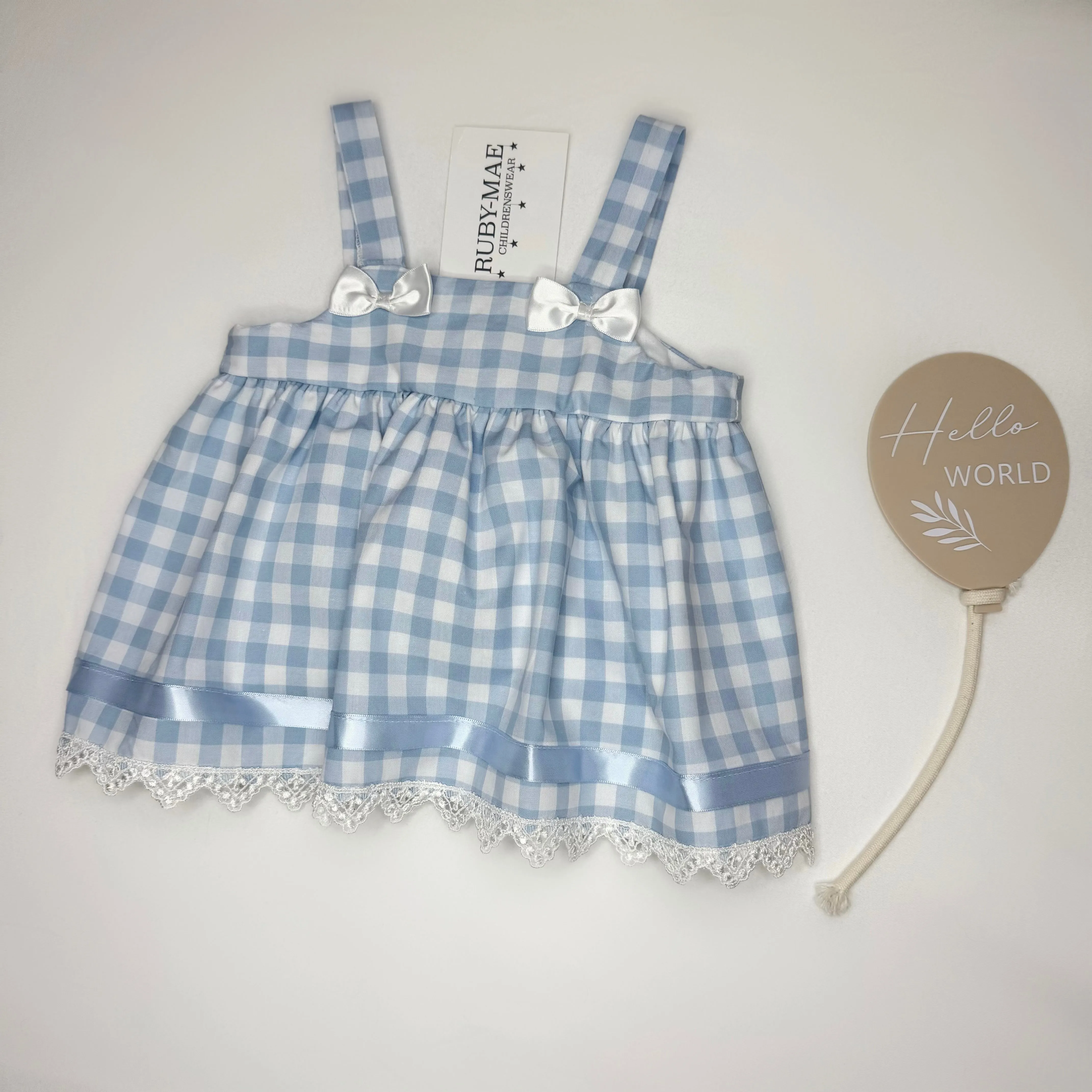 Blue Gingham Bow Front Lined Dress With Matching Bloomers - Cassie