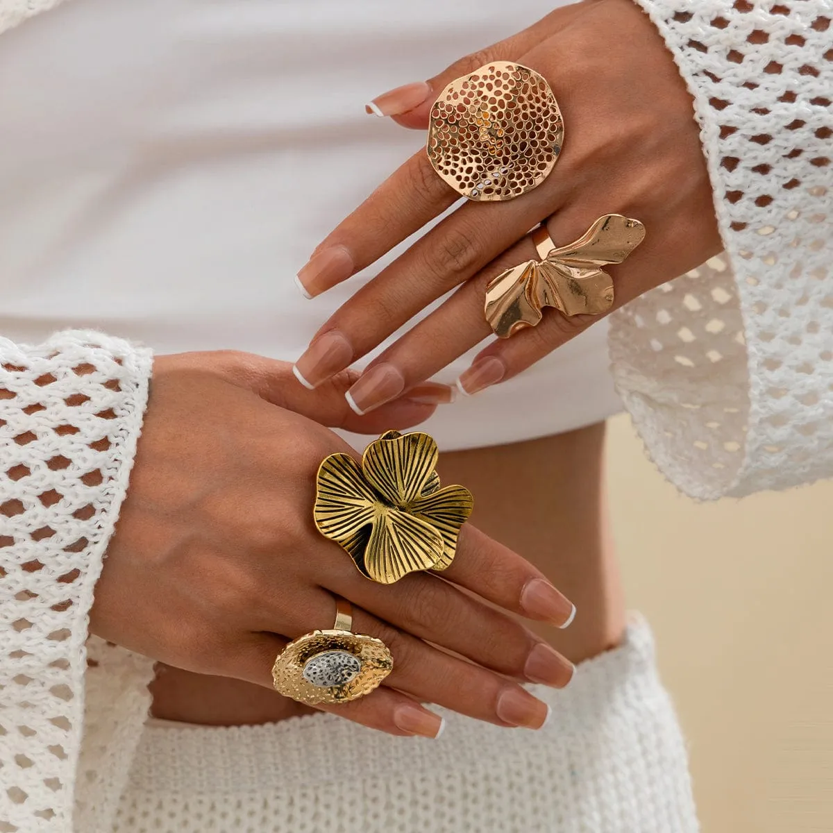 Chic Gold Silver Tone Textured Duo Round Disk Ring