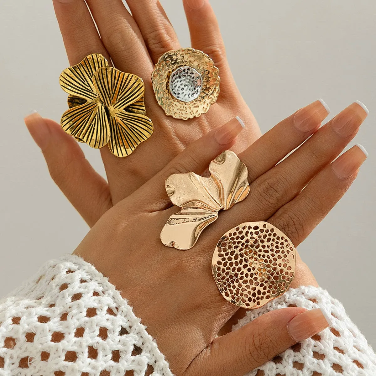 Chic Gold Silver Tone Textured Duo Round Disk Ring