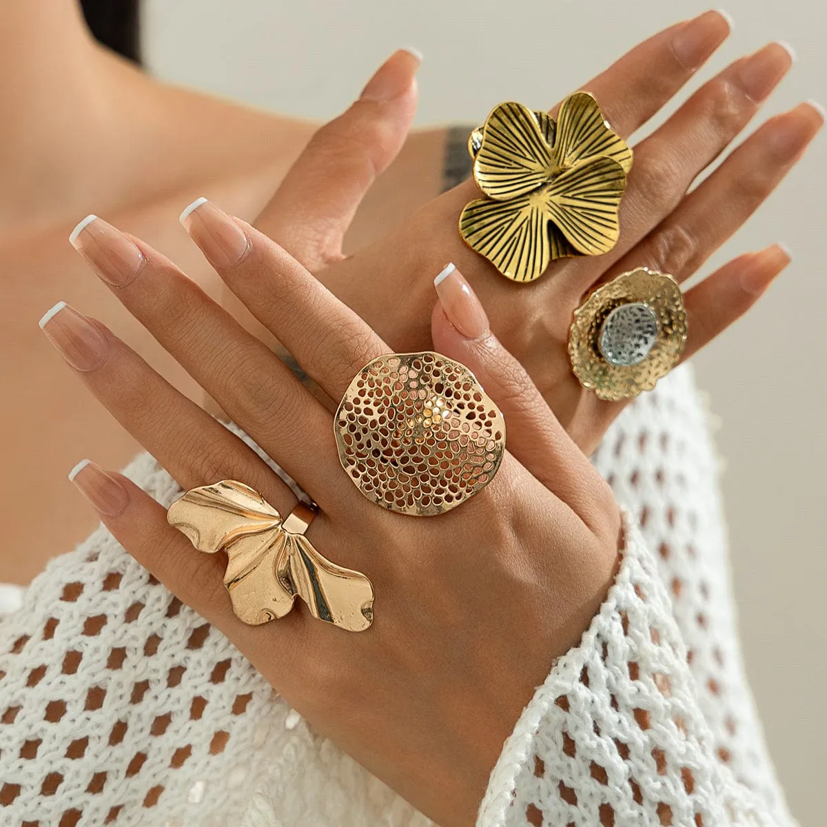 Chic Gold Silver Tone Textured Duo Round Disk Ring