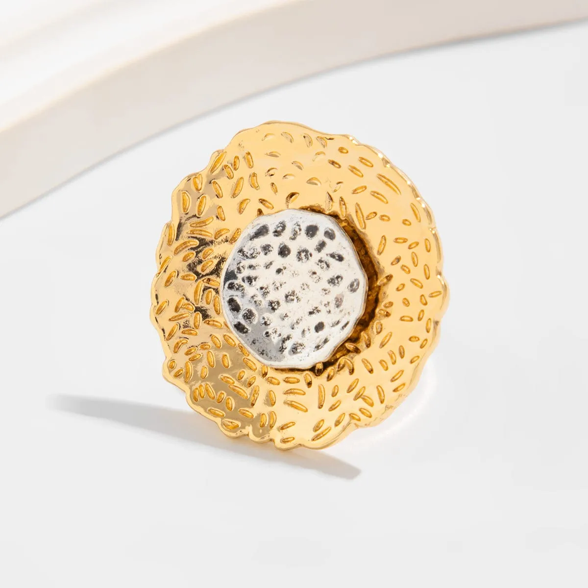 Chic Gold Silver Tone Textured Duo Round Disk Ring