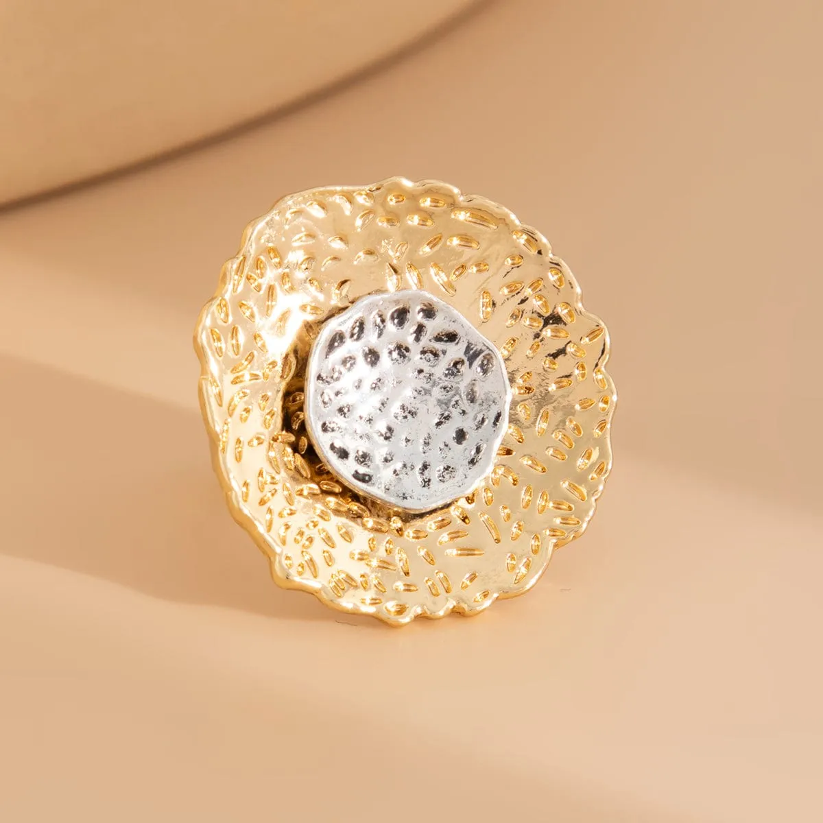 Chic Gold Silver Tone Textured Duo Round Disk Ring