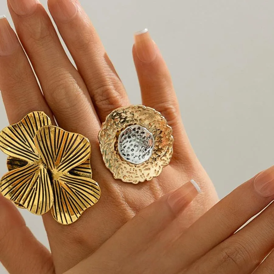 Chic Gold Silver Tone Textured Duo Round Disk Ring
