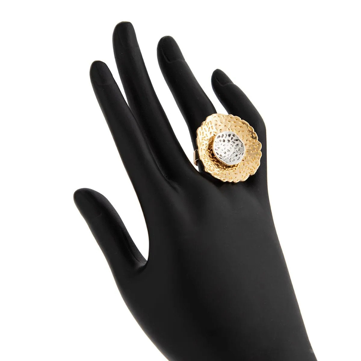Chic Gold Silver Tone Textured Duo Round Disk Ring