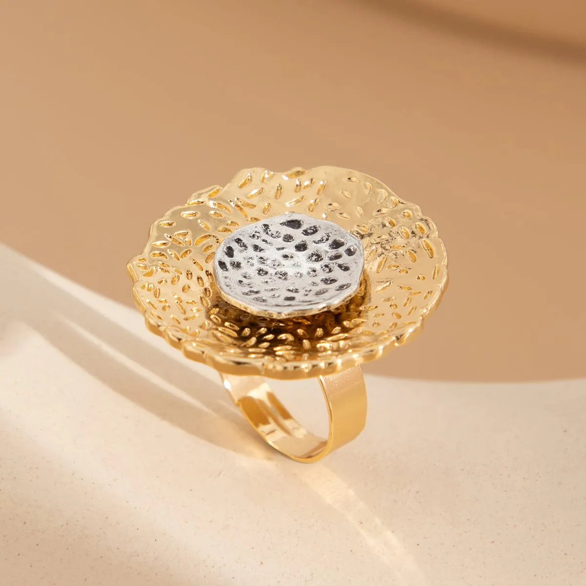 Chic Gold Silver Tone Textured Duo Round Disk Ring