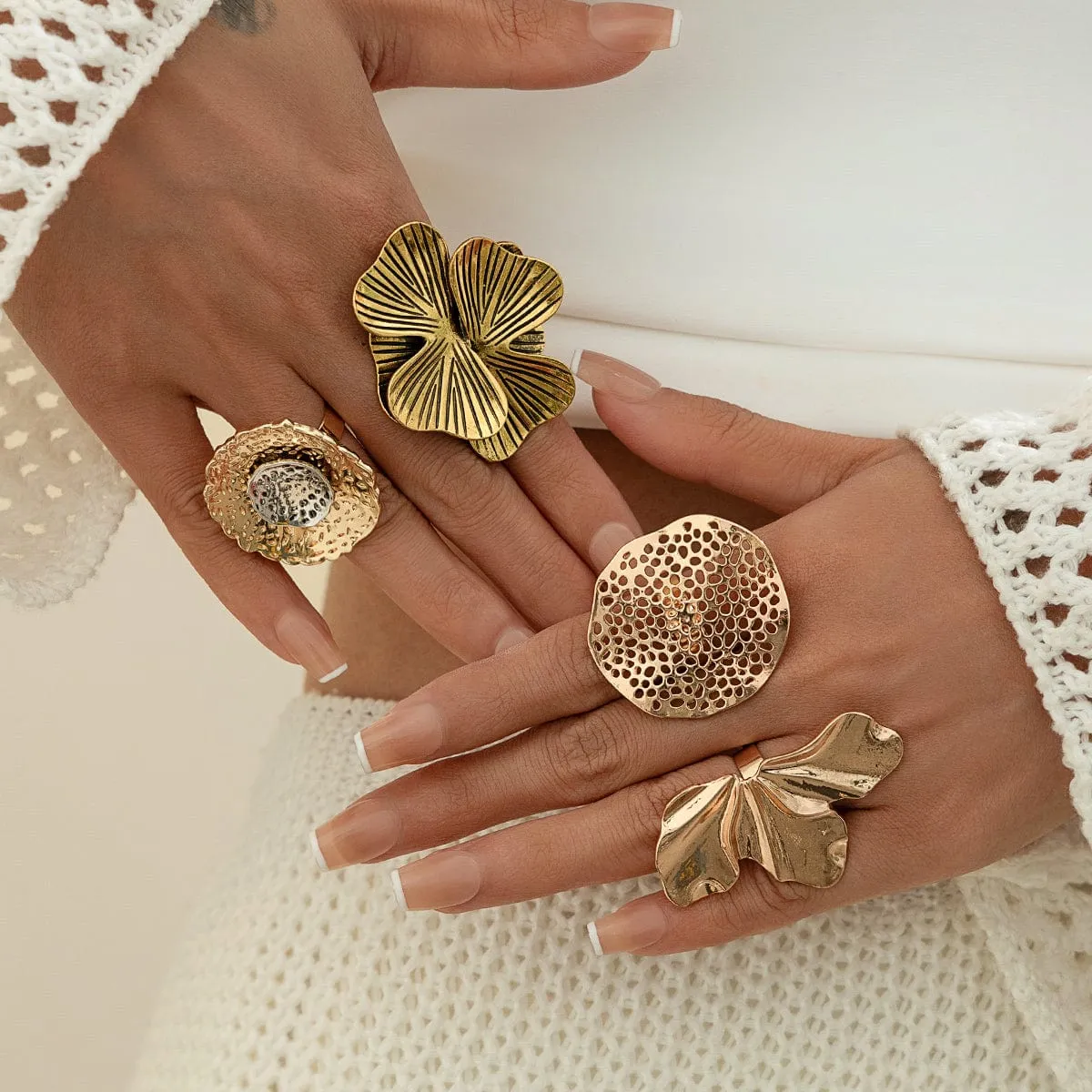 Chic Gold Silver Tone Textured Duo Round Disk Ring