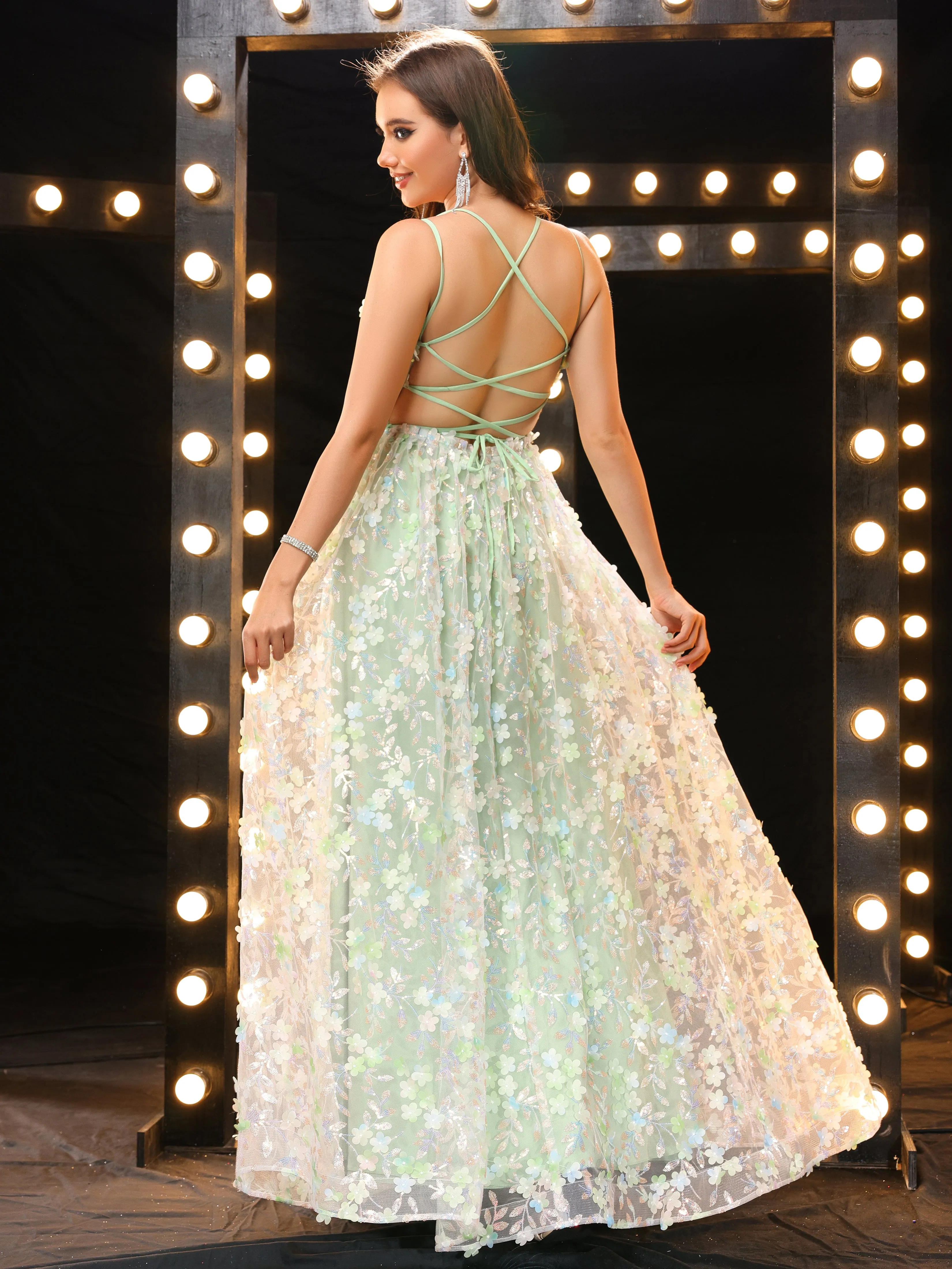 Chic Spaghetti Straps Backless Long Prom Dress with Slit