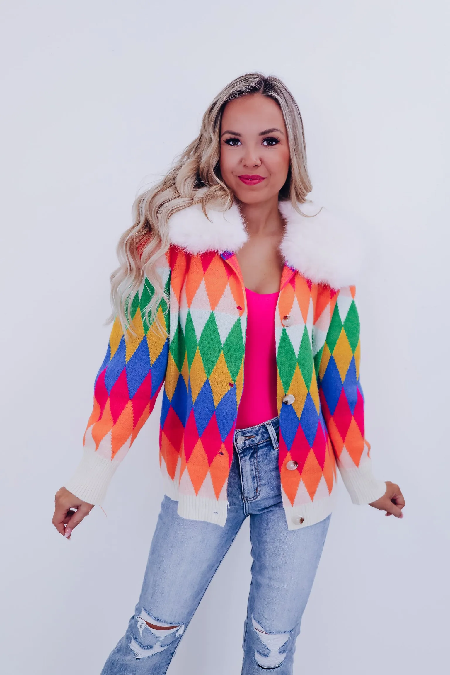 Cora Furry Collared Cardigan - Multi