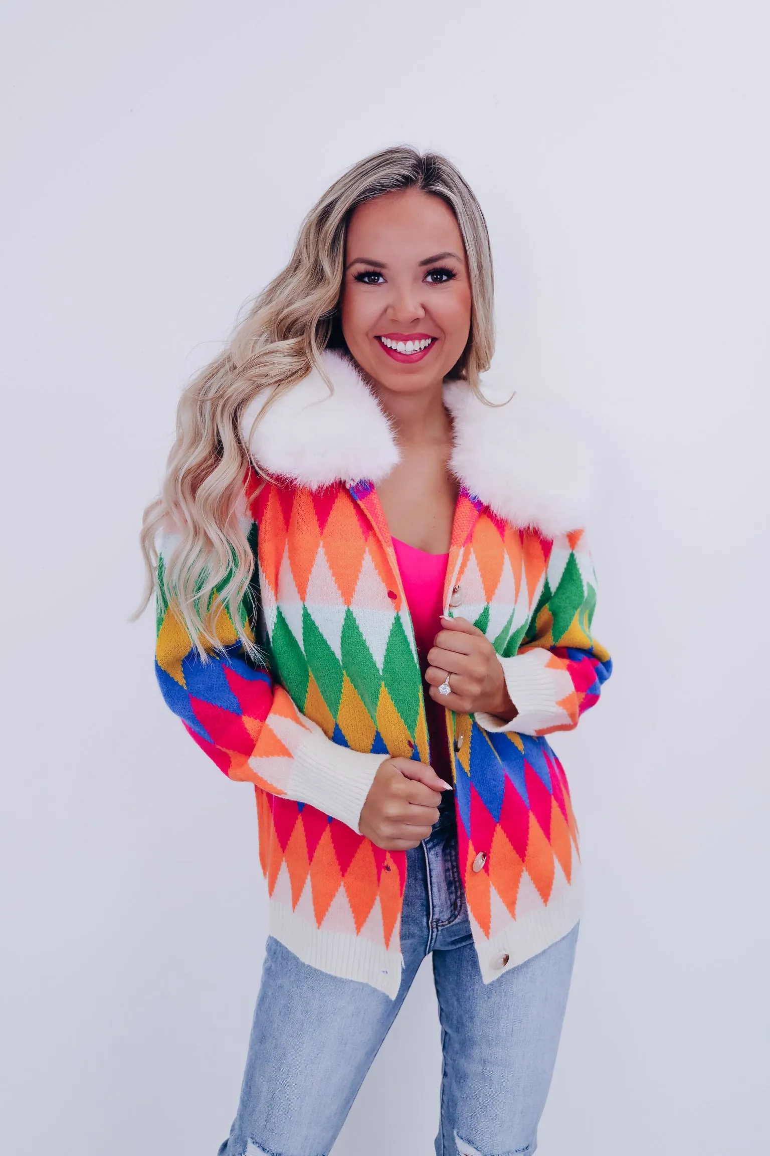 Cora Furry Collared Cardigan - Multi