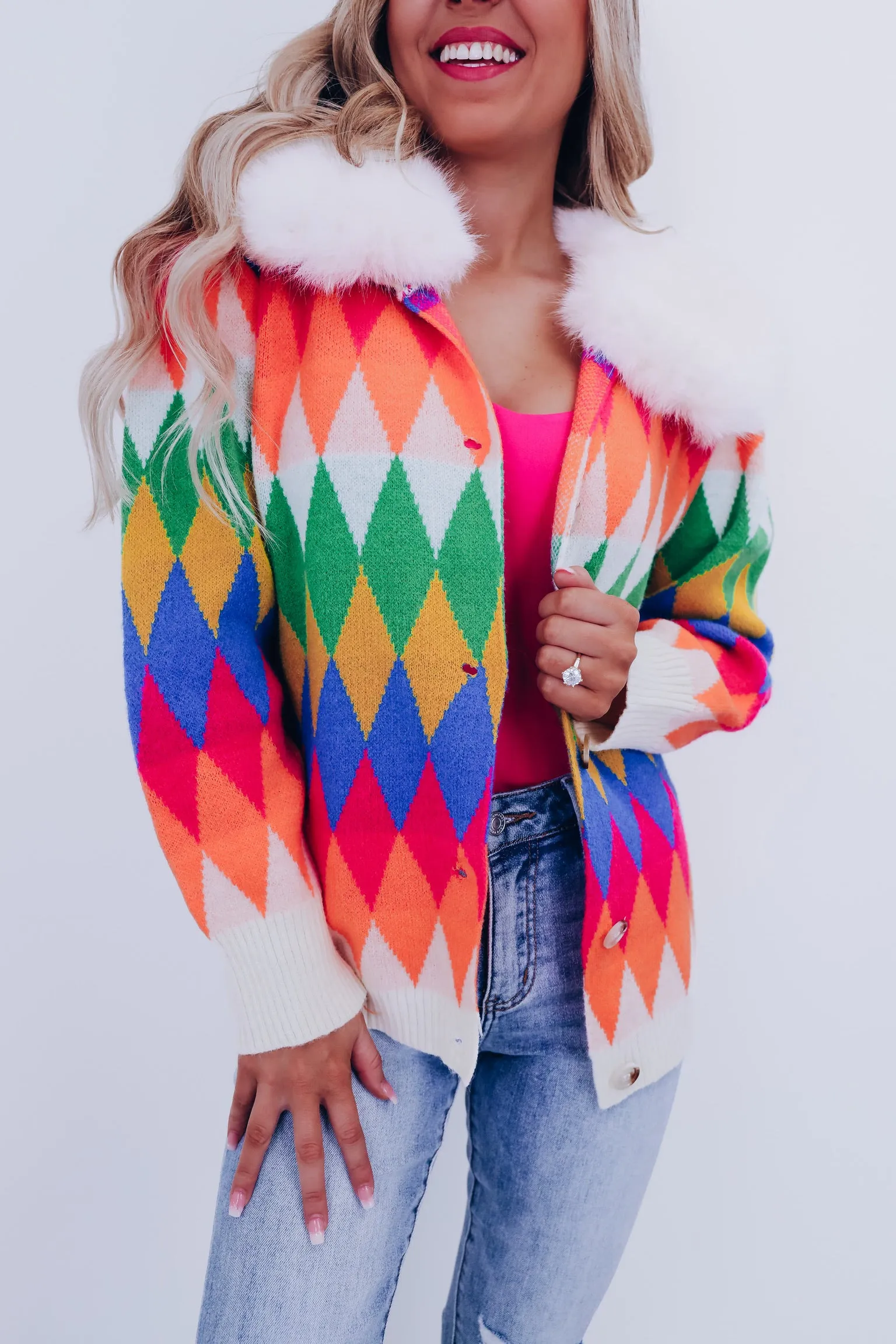 Cora Furry Collared Cardigan - Multi