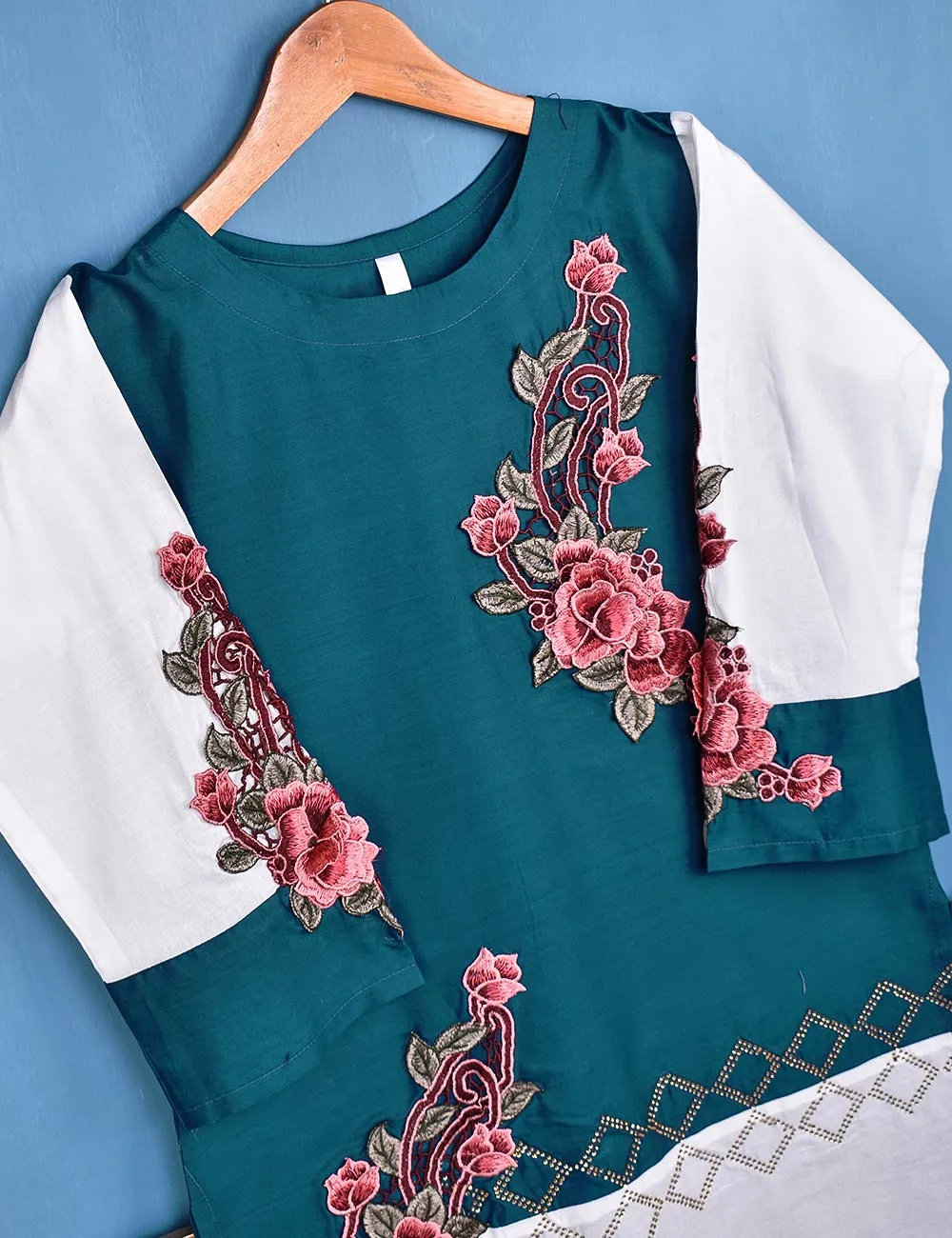 Cotton Embroidered Stitched Kurti - Floral Art (TS-049B-Turquoise)