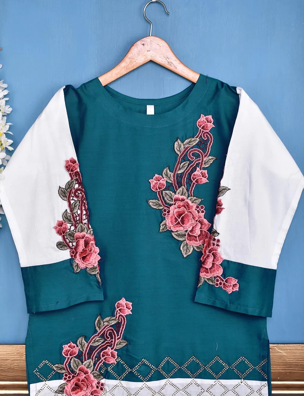 Cotton Embroidered Stitched Kurti - Floral Art (TS-049B-Turquoise)