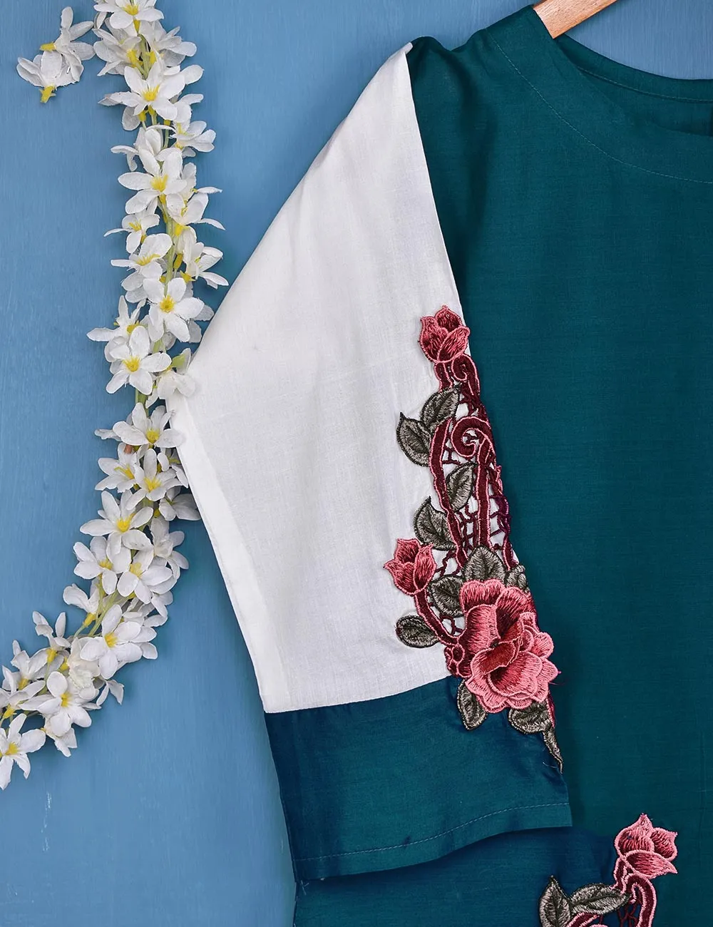 Cotton Embroidered Stitched Kurti - Floral Art (TS-049B-Turquoise)
