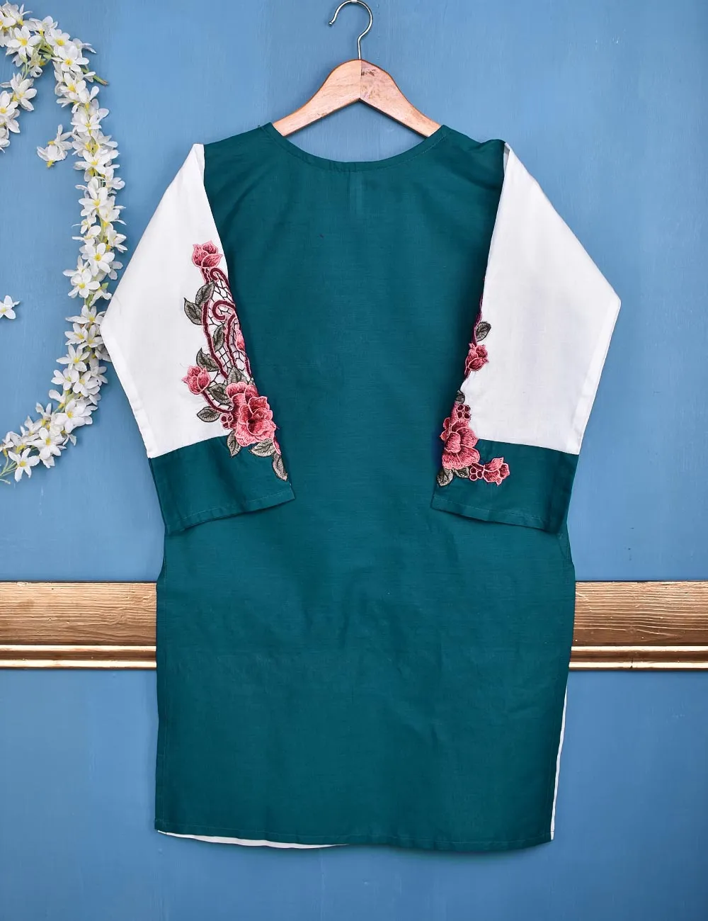 Cotton Embroidered Stitched Kurti - Floral Art (TS-049B-Turquoise)