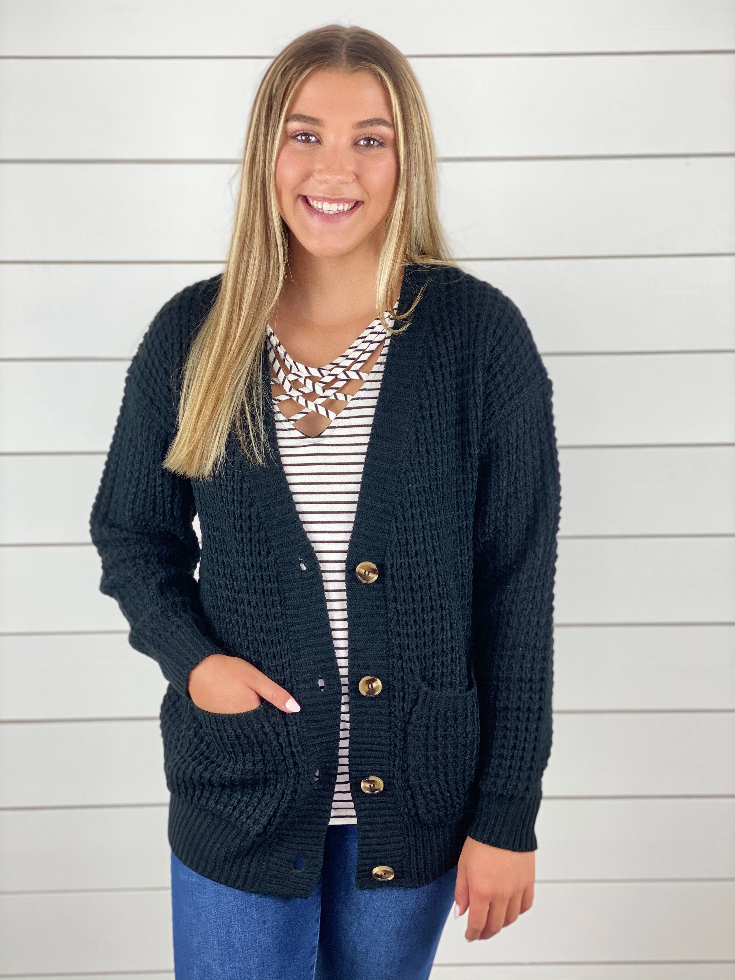 Cozy & Cute Waffle Knit Cardigan - Black