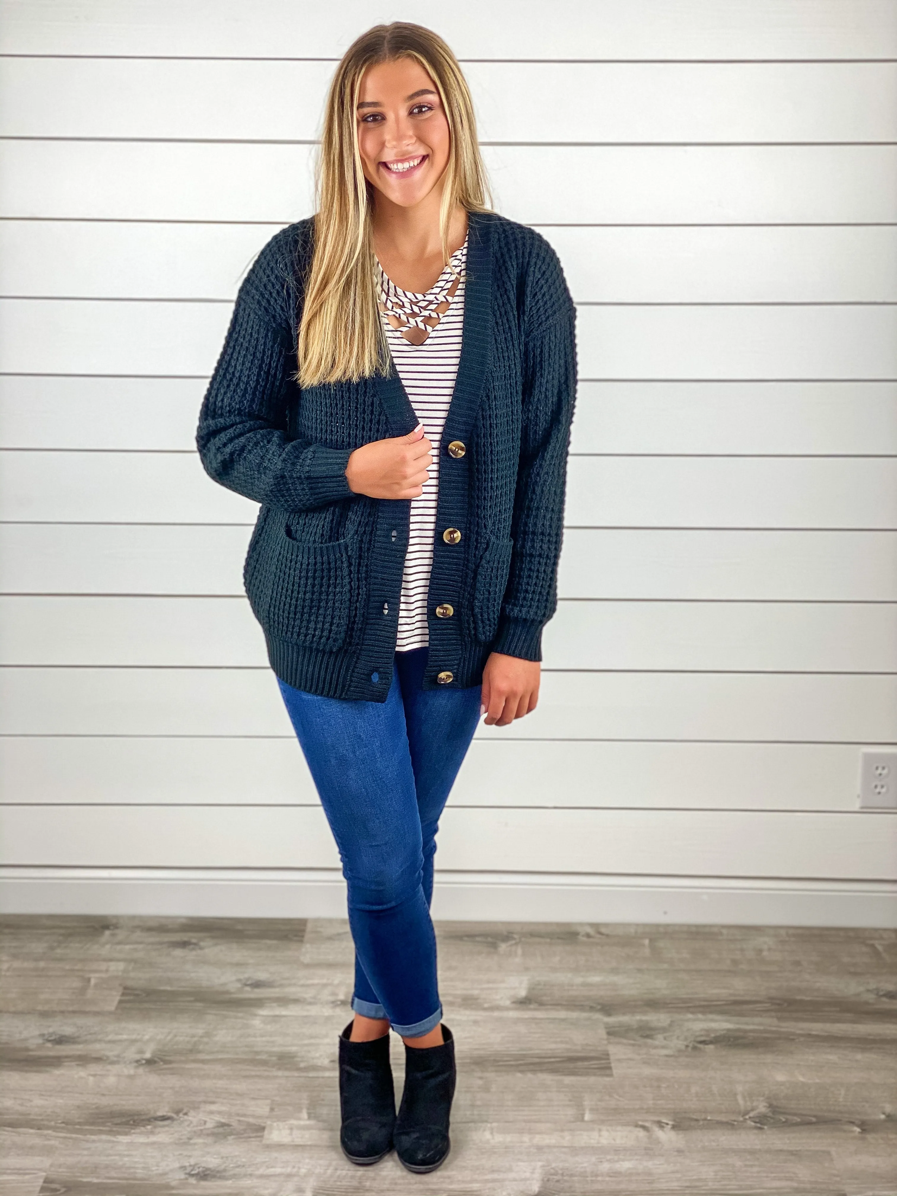Cozy & Cute Waffle Knit Cardigan - Black
