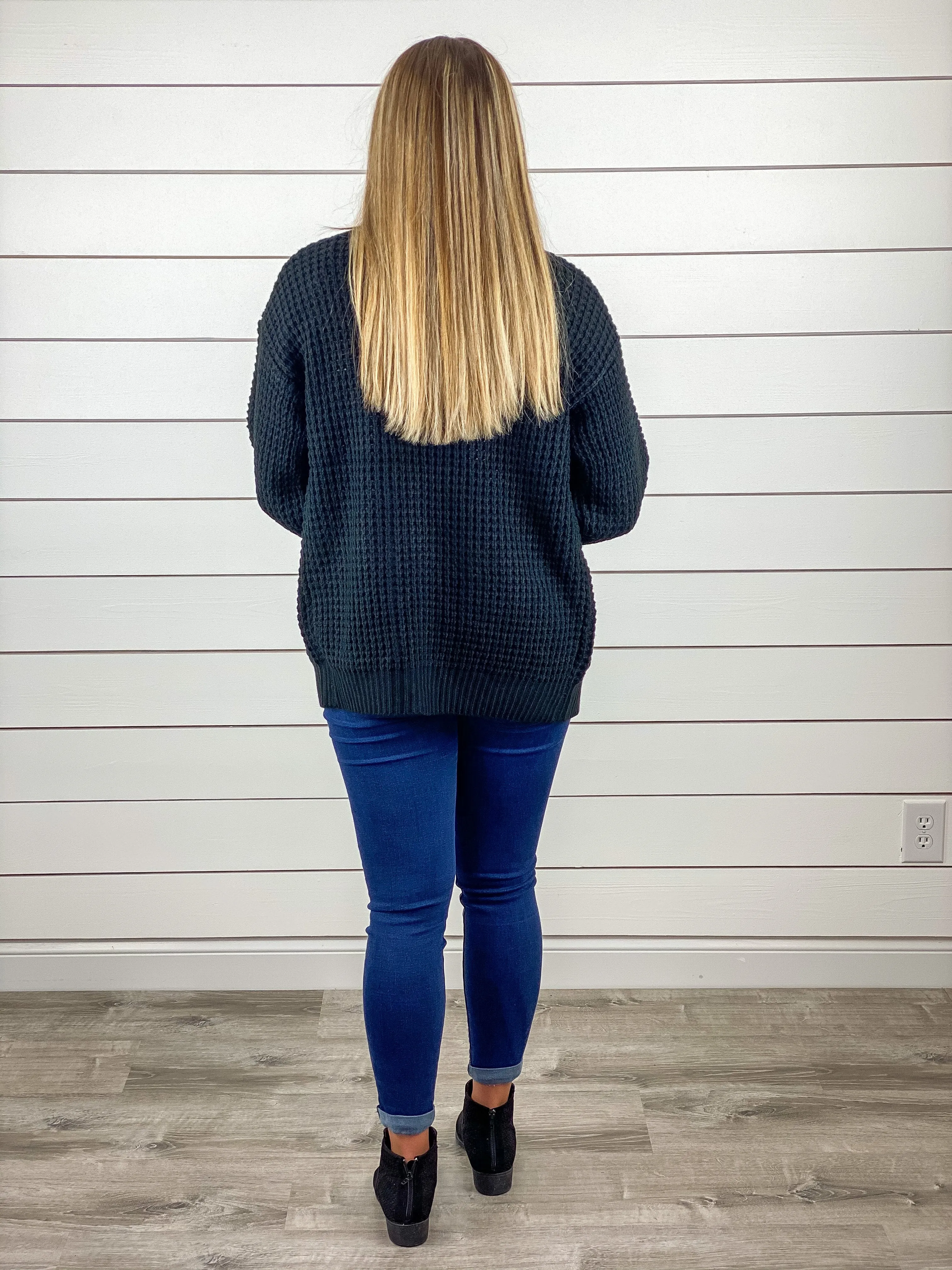 Cozy & Cute Waffle Knit Cardigan - Black