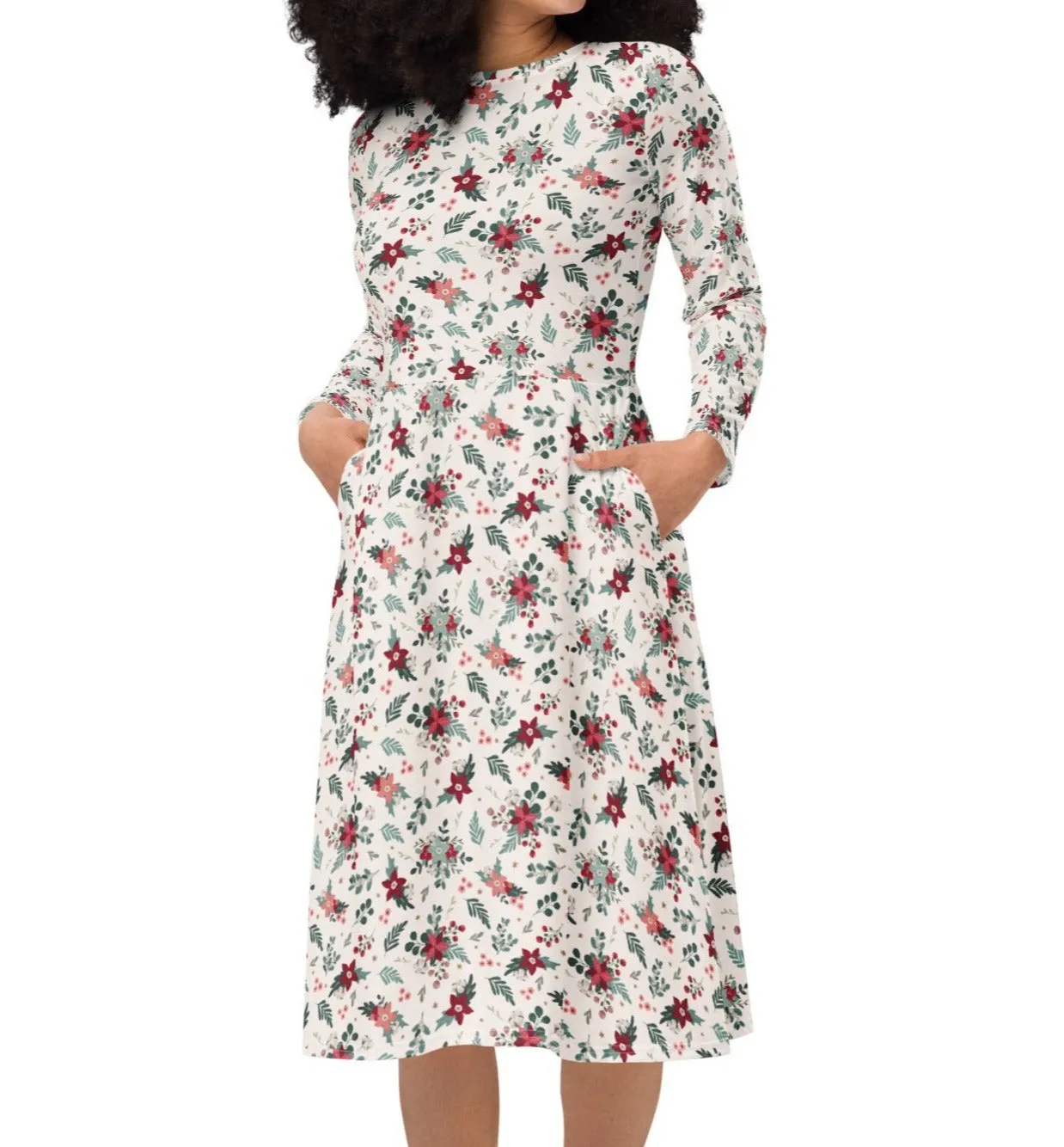 Cozy Christmas Poinsettia Midi Dress (S-6XL)