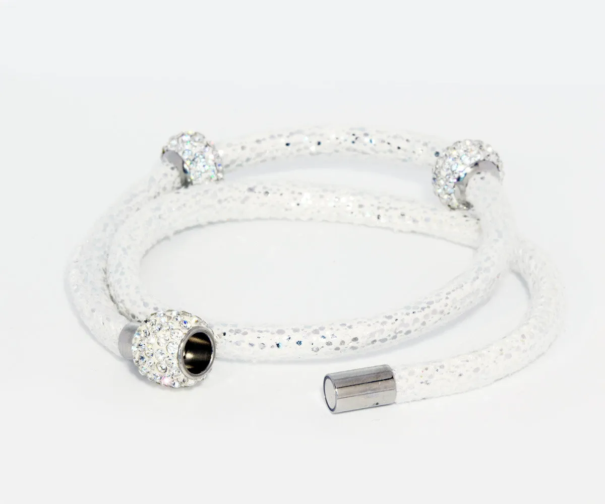 Double Wrap Swarovski Crystals White Leather Bracelet