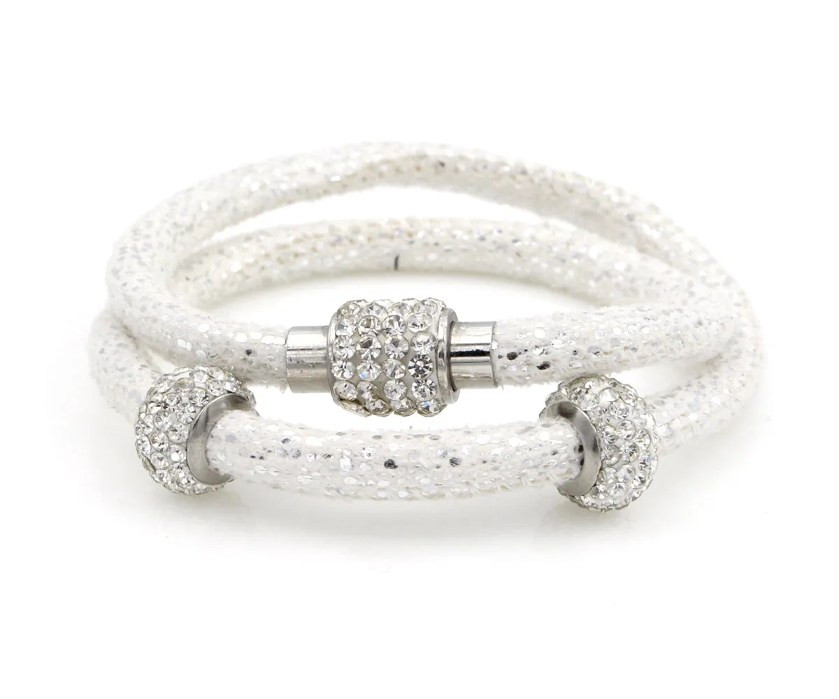 Double Wrap Swarovski Crystals White Leather Bracelet