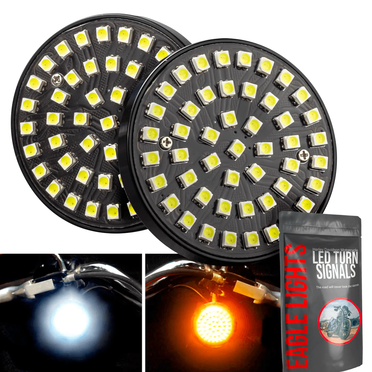 Eagle Lights SUNBURST 2" LED Turn Signals for Harley Davidson and Yamaha Models - Front 1157 / Rear 1156 / Rear LEDs Red