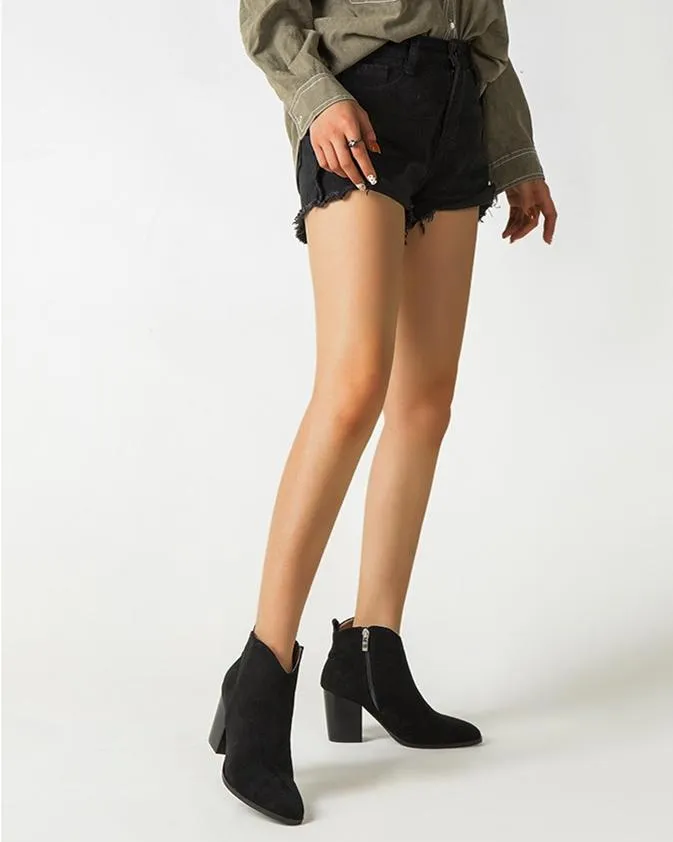 Faux Suede Ankle Boots - Black