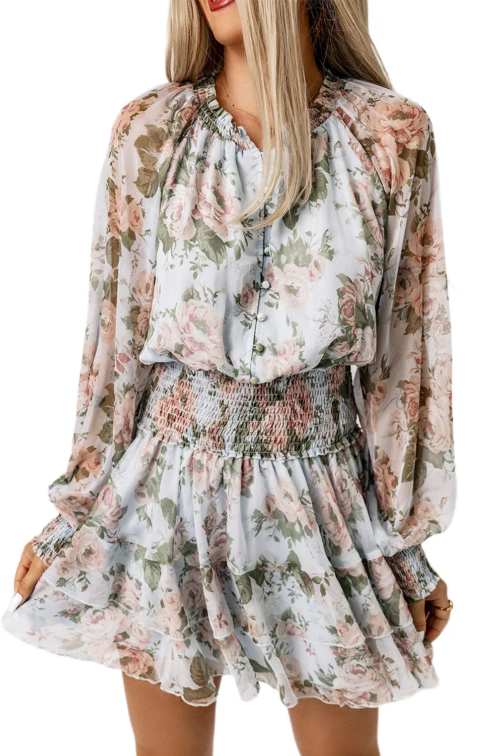 Green Floral Print Tiered Ruffled Shirred High Waist Mini Dress