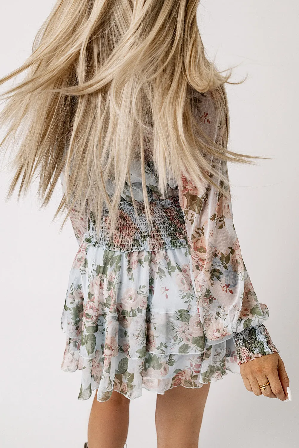 Green Floral Print Tiered Ruffled Shirred High Waist Mini Dress