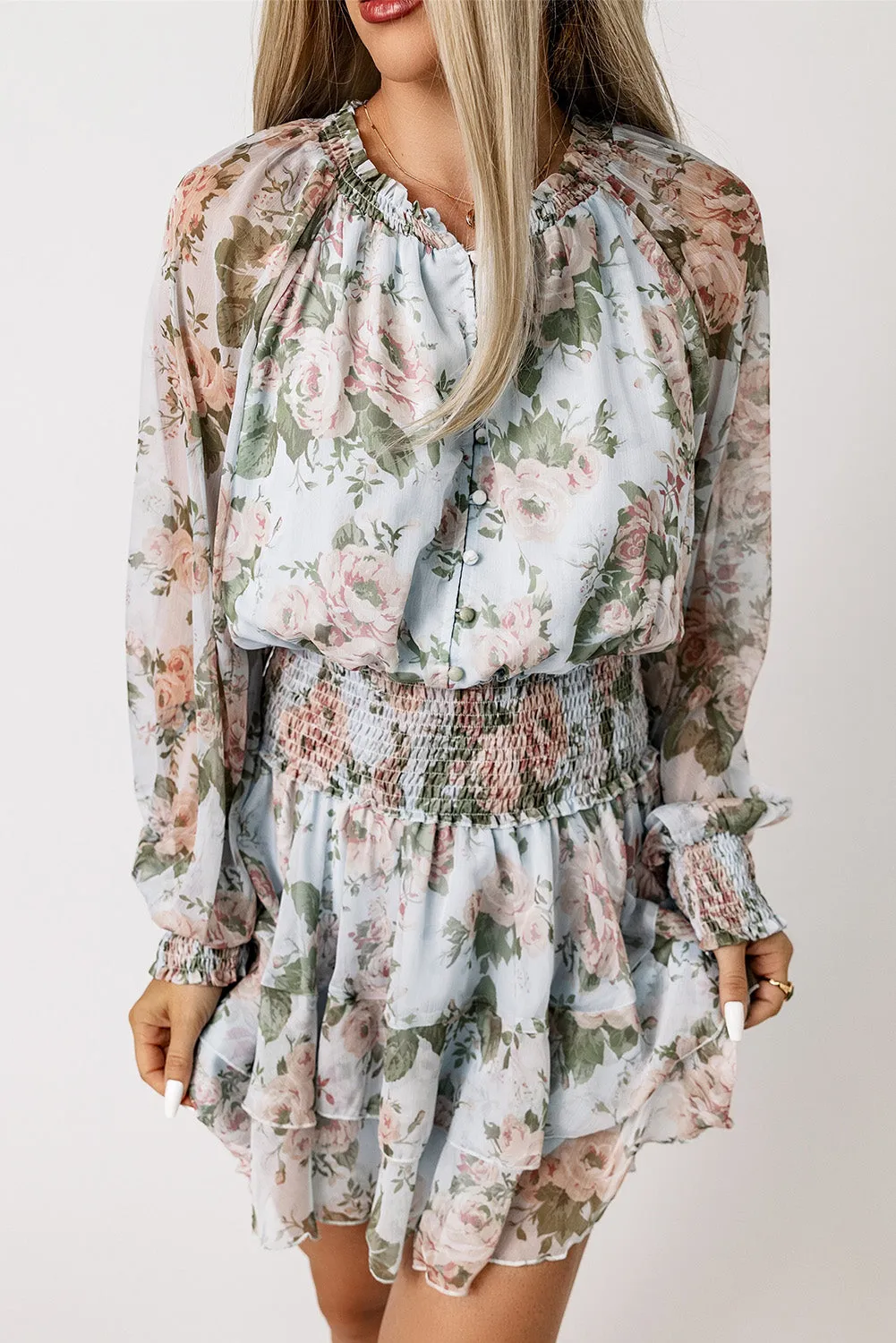 Green Floral Print Tiered Ruffled Shirred High Waist Mini Dress