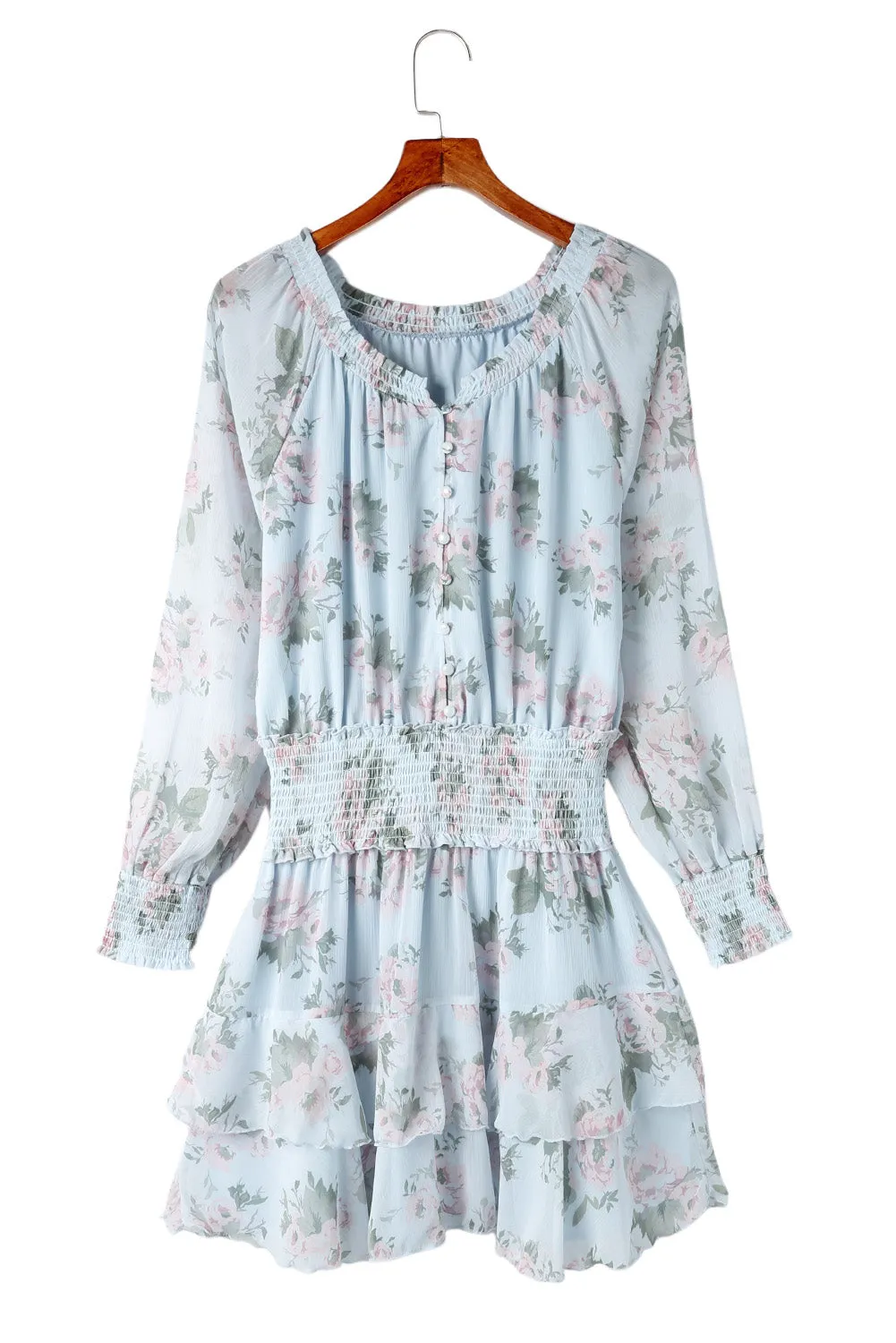 Green Floral Print Tiered Ruffled Shirred High Waist Mini Dress