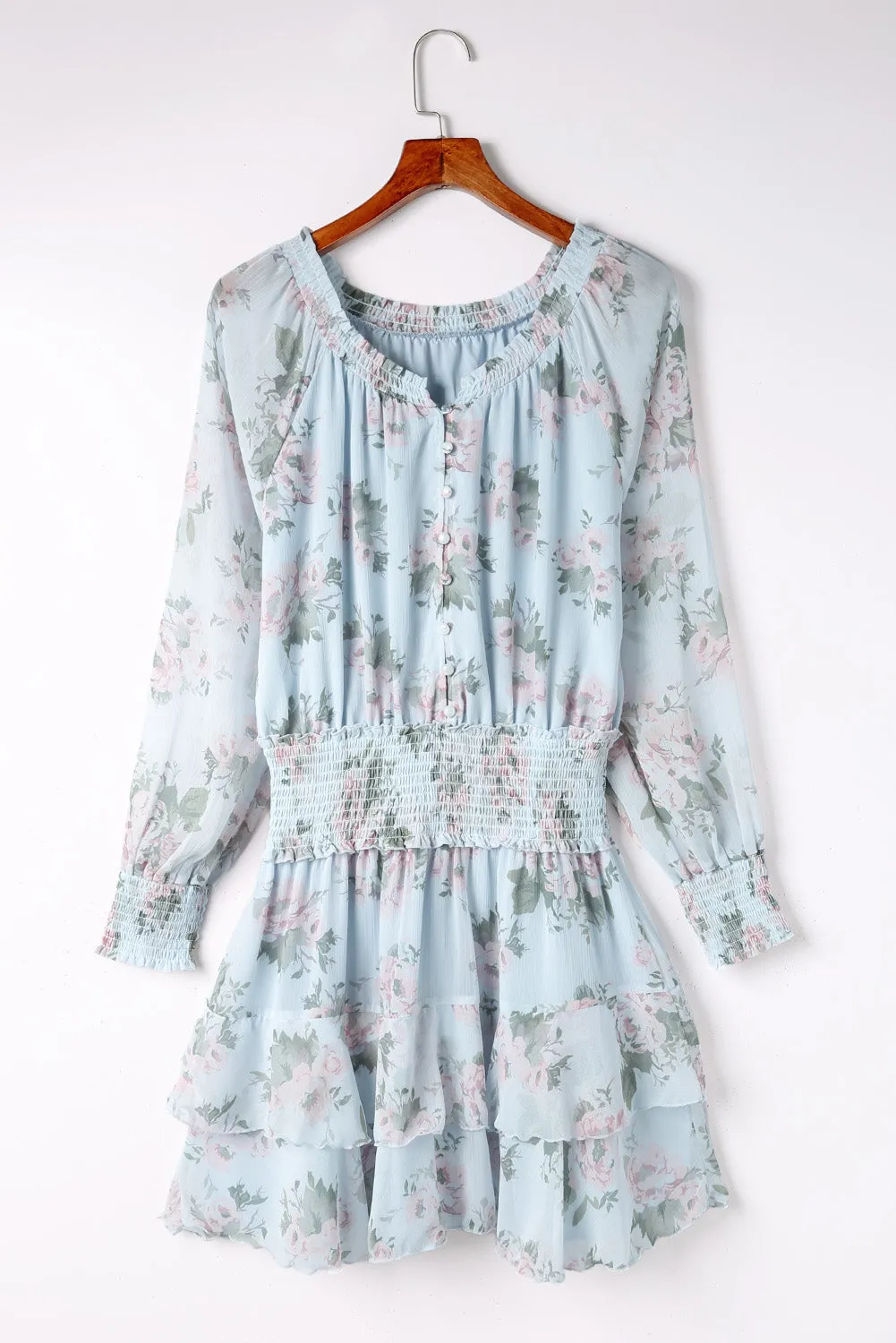 Green Floral Print Tiered Ruffled Shirred High Waist Mini Dress